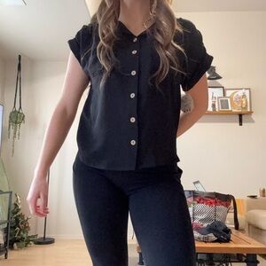 button up black short sleeve rolled blouse collared